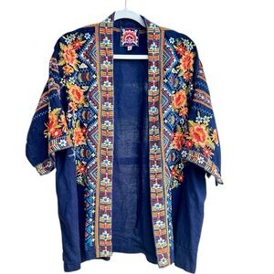 Johnny Was Boho Dark Blue Embroidered Linen Kimono Jacket Tunic Size Medium